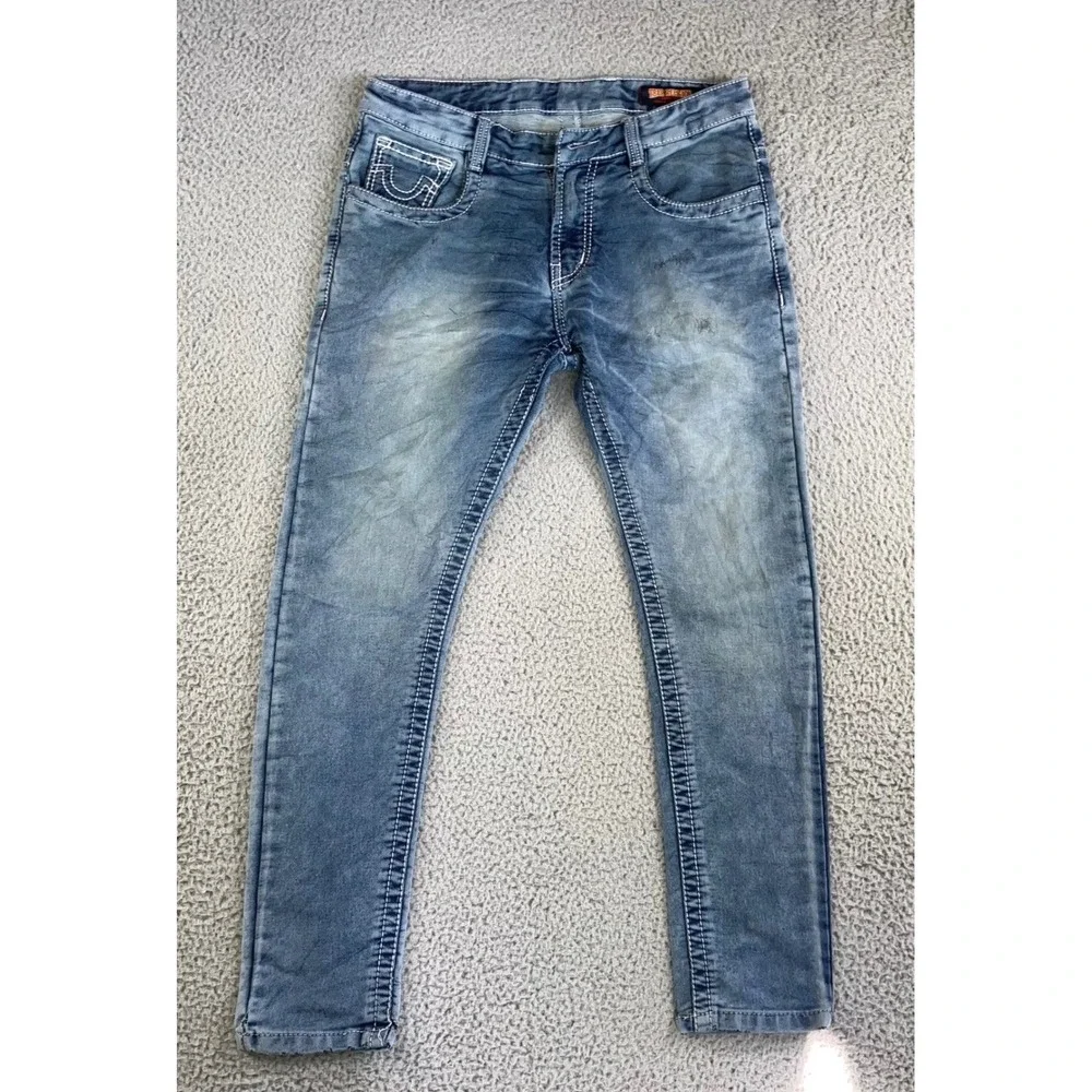 True Religion Jeans Men 32X28 Low Rise Skinny‎ Blue Thick Stitch Logo Distressed